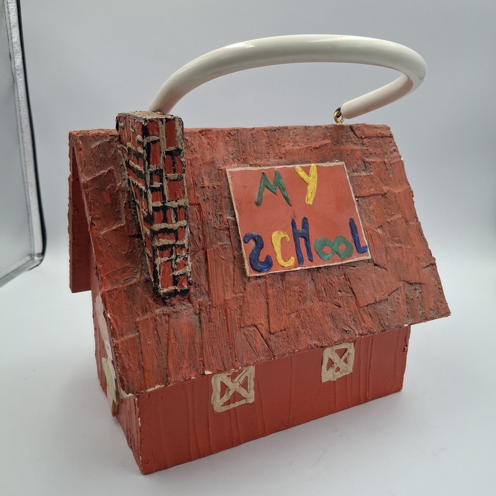 VTG 70s Folk‎ Art Wood Box Purse Schoolhouse Teacher Gift Handpainted Kitsch Red